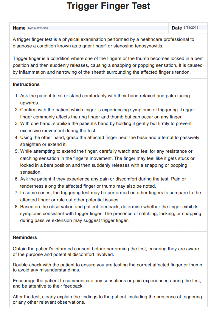 Trigger Finger Test & Example Free PDF Download